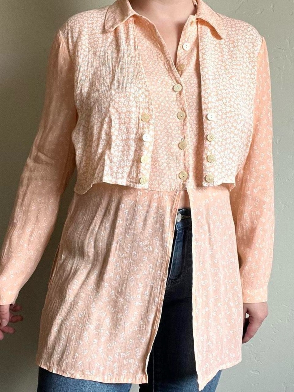90’s vintage Nina Piccalino peach and white mixed print layered hippie blouse